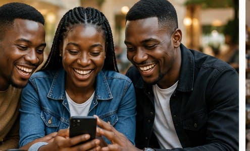 Three young Zambian friends smiling together over a phone, growing their savings as a community
